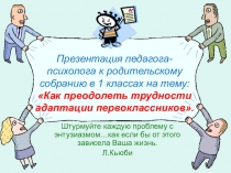 Презентация педагога-психолога к родительскому собранию в 1 классах на тему Как преодолеть трудности адаптации первоклассников