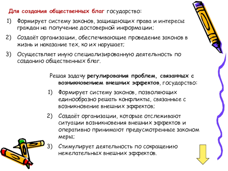 Для создания общественных благ государство:Формирует систему законов, защищающих права и интересы граждан на получение достоверной информации;Создаёт организации,