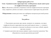 Презентация:  Лабораторная работа № 1 Тема: Сравнительная характеристика особей разных видов одного рода по морфологическому критерию
