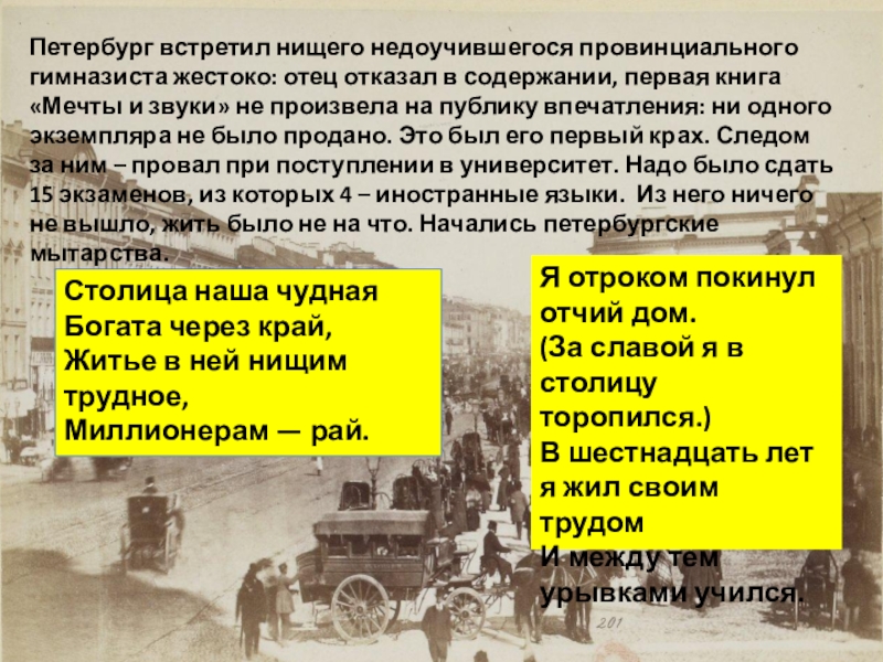 Петербург встретил нищего недоучившегося провинциального гимназиста жестоко: отец отказал в содержании, первая книга «Мечты и звуки» не