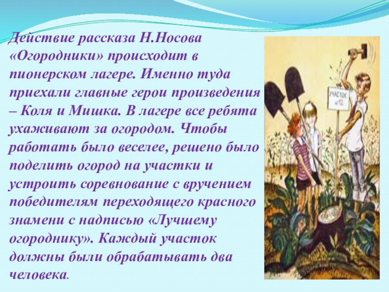 Рассказ действие. Рассказ огородники Носов. Рассказ Носова огородники. Главная мысль рассказа огородники. Мишка в рассказе огородники.