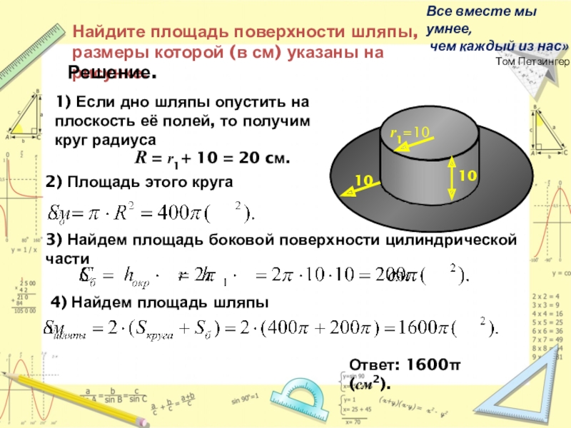 Найдите площадь поверхности шляпы, размеры которой (в см) указаны на рисунке.1) Если дно шляпы опустить на плоскость