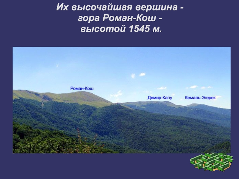 Их высочайшая вершина -  гора Роман-Кош -  высотой 1545 м.