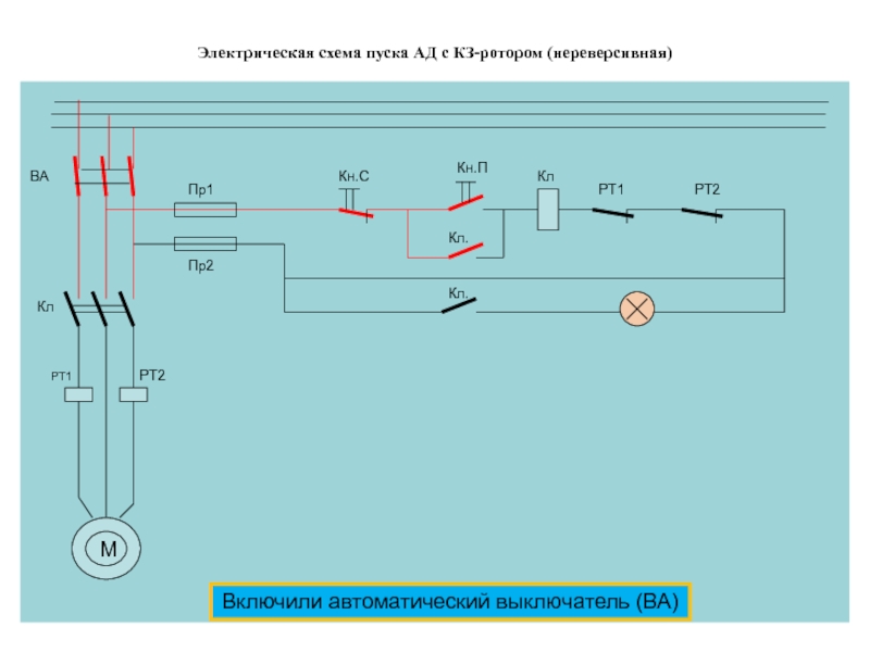 Электрическая схема пуска АД с КЗ-ротором (нереверсивная)МРТ1РТ2ВАКлПр1Пр2Кн.СКн.ПКлРТ1РТ2Кл.Кл.Включили автоматический выключатель (ВА)