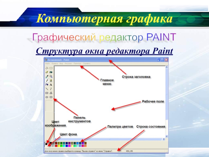 www.themegallery.comCompany LogoКомпьютерная графикаГрафический редактор PAINT Структура окна редактора Paint