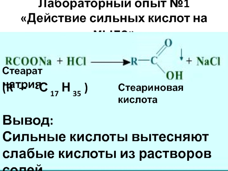 Лабораторный опыт №1 «Действие сильных кислот на мыло»  ЛСтеарат натрияСтеариновая кислота(R --  -С