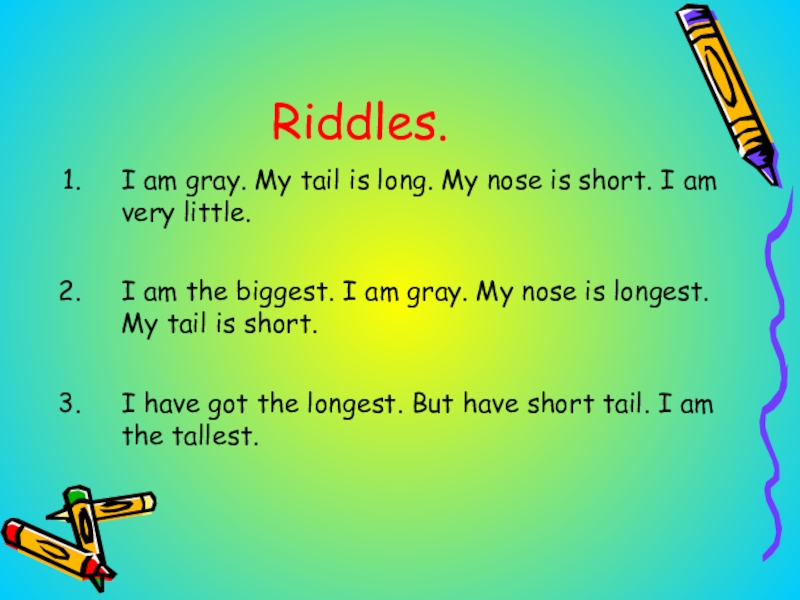 Riddles.I am gray. My tail is long. My nose is short. I am very little. I am