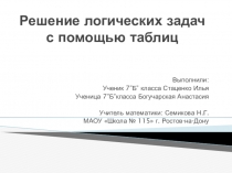 Презентация выступления учащихся 7 класса по теме: Решение логических задач с помощью таблиц