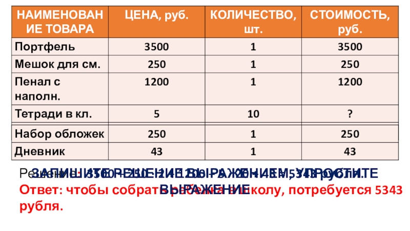 Решение: 3500 + 250 ∙ 2 + 1200 + 5 ∙ 20 + 43 = 5343 рубля.Ответ: