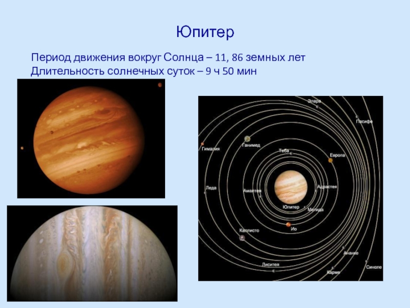 Юпитер    Период движения вокруг Солнца – 11, 86 земных лет Длительность солнечных суток –