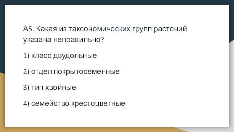 А5. Какая из таксономических групп растений указана неправильно?1) класс двудольные2) отдел покрытосеменные3) тип хвойные4) семейство крестоцветные