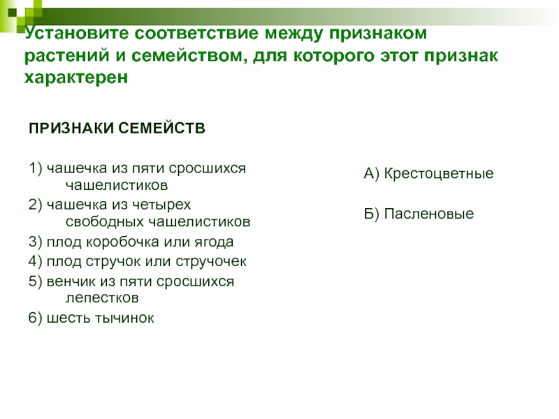 Установите соответствие между признаком растений и семейством, для которого этот признак характерен ПРИЗНАКИ СЕМЕЙСТВ1) чашечка из пяти