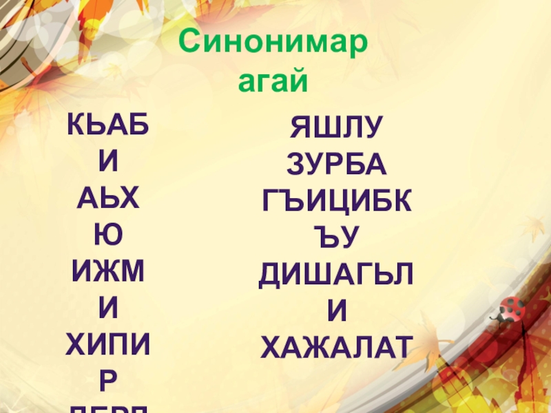 Синонимар агайКьабиАьхюИжмиХипирдердЯшлуЗурбаГъицибкъуДишагьлихажалат