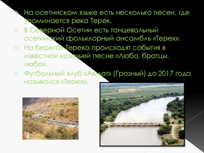 На осетинском языке есть несколько песен, где упоминается река Терек.В Северной Осетии есть танцевальный осетинский фольклорный ансамбль