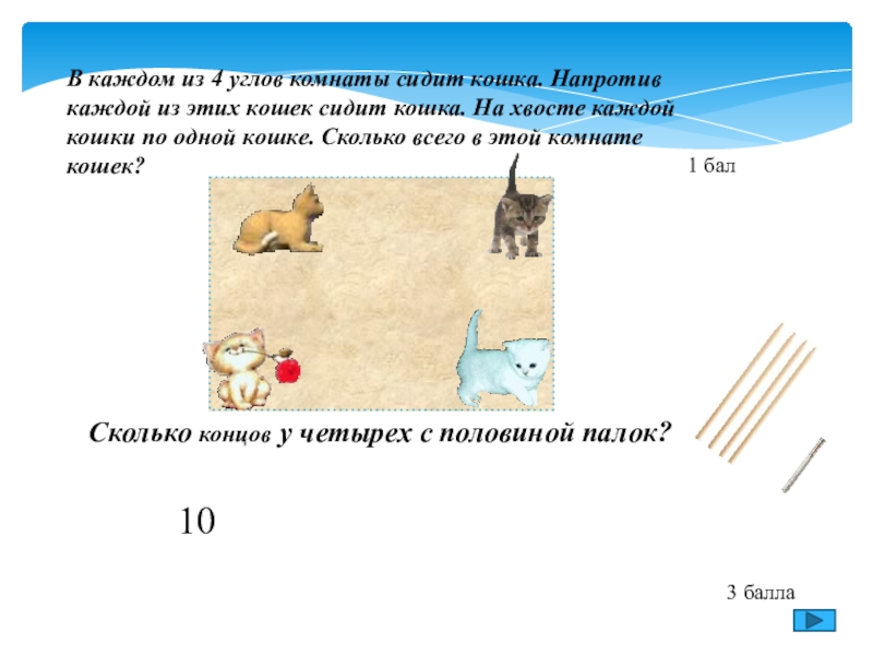 Сколько концов у двух палок. В каждом из 4 углов комнаты сидит кошка. В каждом из 4 углов комнаты сидит кошка напротив каждой из этих. Сколько кошек напротив. Сидят 4 кошки напротив каждой кошки по кошке сколько их всего.