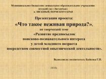 Презентация проекта: Что такое неживая природа?, по творческой теме Развитие предпосылок поисково-познавательного интереса у детей младшего возраста посредством совместной опытнической деятельности.