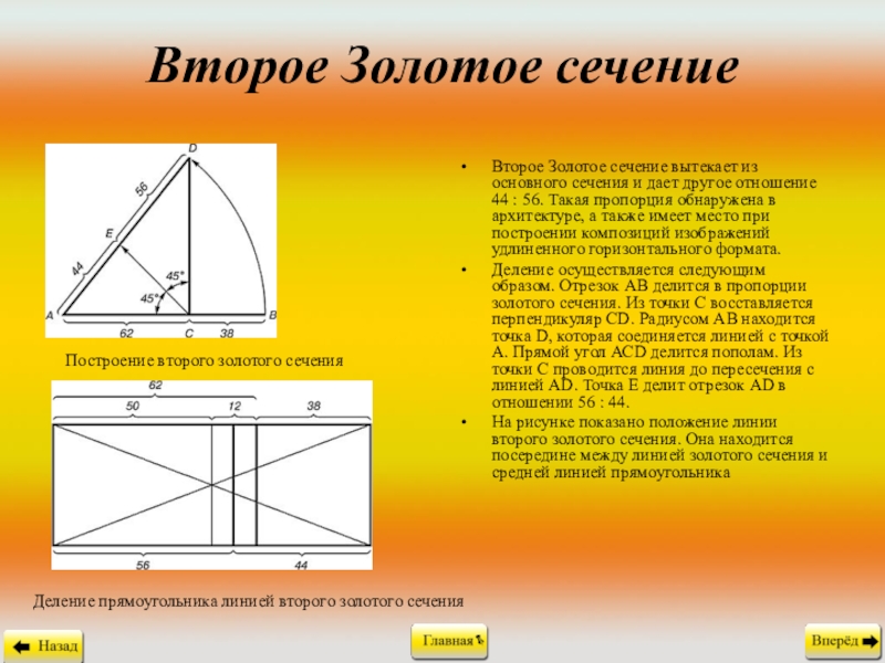 Золотое сечение. Построение второго золотого сечения. Золотое сечение схема. Золотое сечение принцип построения.