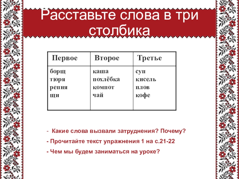 Расставьте слова в три столбика - Какие слова вызвали затруднения? Почему? - Прочитайте текст упражнения 1 на