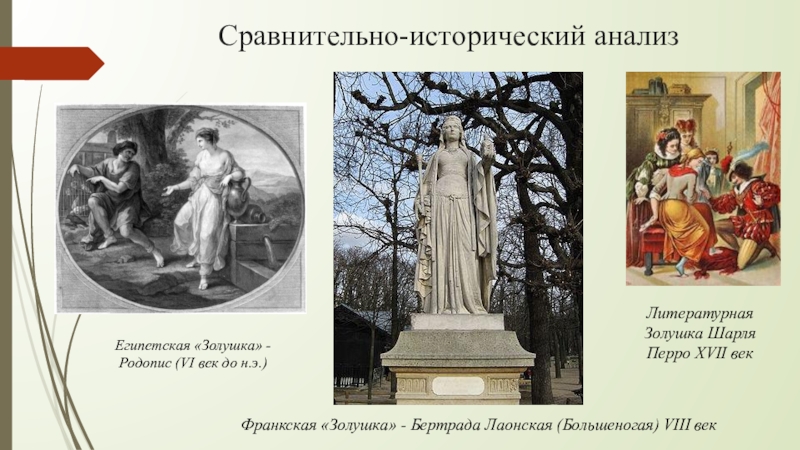 Сравнительно-исторический анализЕгипетская «Золушка» - Родопис (VI век до н.э.)Франкская «Золушка» - Бертрада Лаонская (Большеногая) VIII векЛитературная Золушка