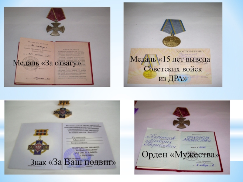 Медаль «15 лет вывода Советских войск из ДРА»Медаль «За отвагу»Орден «Мужества»Знак «За Ваш подвиг»