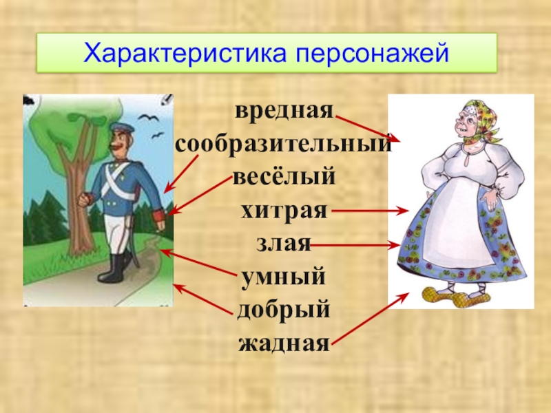 Характеристика персонажейвредная сообразительный       весёлыйхитраязлаяумныйдобрыйжадная