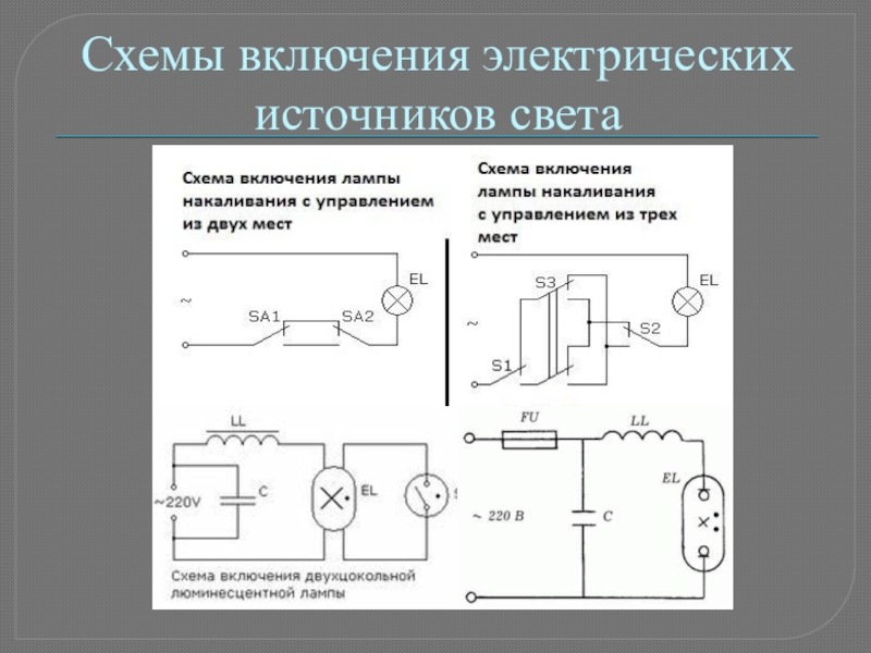 Электрическая схема включает. Схема включения ламп накаливания с одним переключателем. Принципиальные электрические схемы включения ламп накаливания 1. Схема включения источников света в электрическую сеть. Схема включения ламп накаливания с одним выключателем.