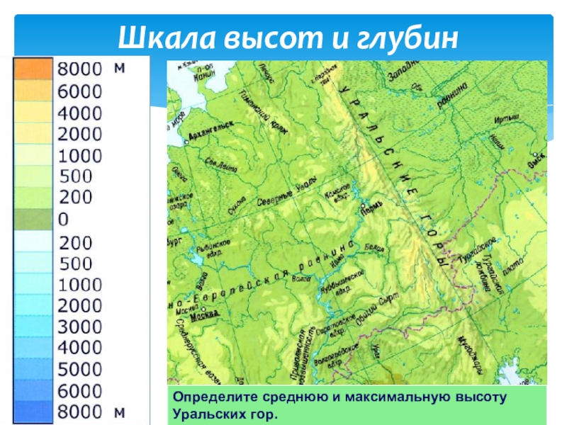 Какова средняя абсолютная высота уральских гор. Уральские горы шкала высот. Шкала высот и глубин. Шкала высот на физической карте. Уральские горы карта высот.