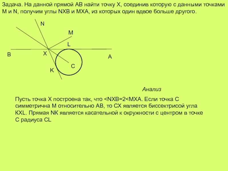 Задача. На данной прямой АВ найти точку Х, соединив которую с данными точками М и N, получим