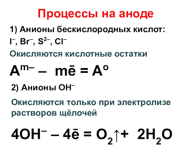 Процессы на аноде 1) Анионы бескислородных кислот:I–, Br–, S2–, Cl–Окисляются кислотные остаткиAm– – mē = Ao 2)