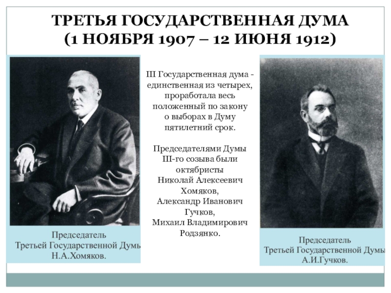 Представители думы. III государственная Дума (1907-1912). Третья Дума 1907. Председатель 3 государственной Думы 1907. III государственная Дума (ноябрь 1907 г.— июнь 1912 г.).