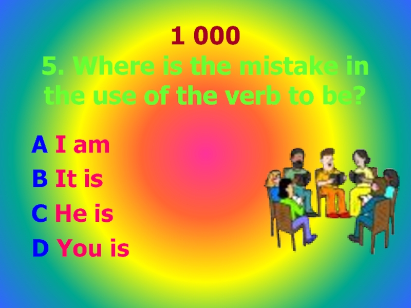 1 000 5. Where is the mistake in the use of the verb to be?A I amB
