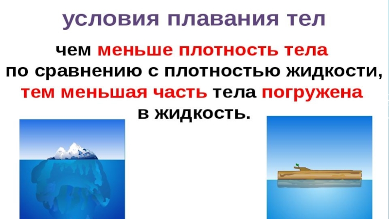 Условия плавания. Условие плавания тел 7 класс. Плавание тел 7 класс конспект урока. Физика 7 класс конспект на тему плавание тел. Чем меньше плотность тела.