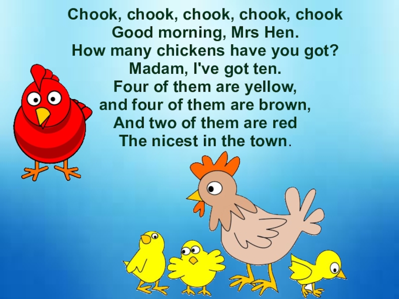 Chook, chook, chook, chook, chook Good morning, Mrs Hen. How many chickens have you got? Madam, I've