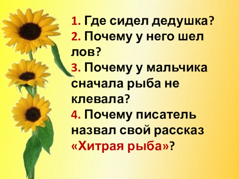 1. Где сидел дедушка? 2. Почему у него шел лов? 3. Почему у мальчика сначала рыба не