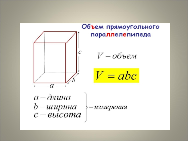 Прямоугольный параллелепипед объем формула. Объемный прямоугольный параллелепипед. Объем параллелепипеда. Форма объема параллелепипеда. Длина и ширина параллелепипеда.