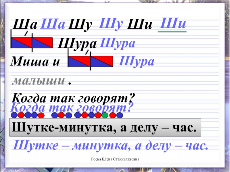 Строчная буква ш. Письмо строчной буквы ш. Когда так говорят гутки менутка а Лелу час. Миша и Шура малыши когда так говорят. Шутке минутка а делу час когда так говорят.