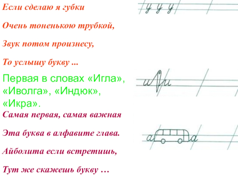 Услышал буква а. Если сделаю я губки очень тоненькою. Если сделаю я губки очень тоненькою трубкой. Первая в словах «игла», «Иволга», «индюк», «икра» (буква «и»). Слово игла прописью.