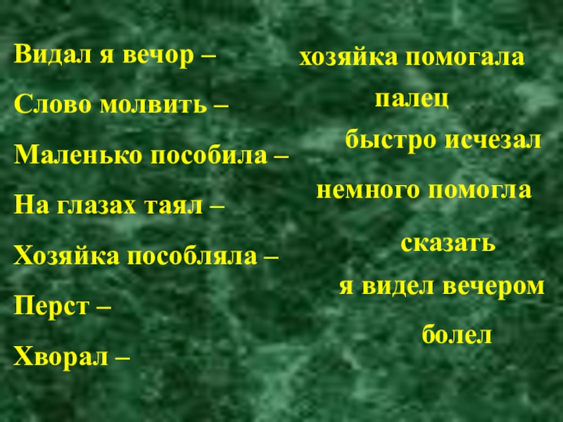 Видал я вечор –Слово молвить –Маленько пособила –На глазах таял –Хозяйка пособляла – Перст – Хворал –хозяйка