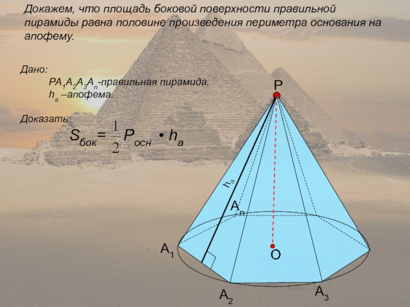 А1А2РДокажем, что площадь боковой поверхности правильной пирамиды равна половине произведения периметра основания на апофему.Дано: