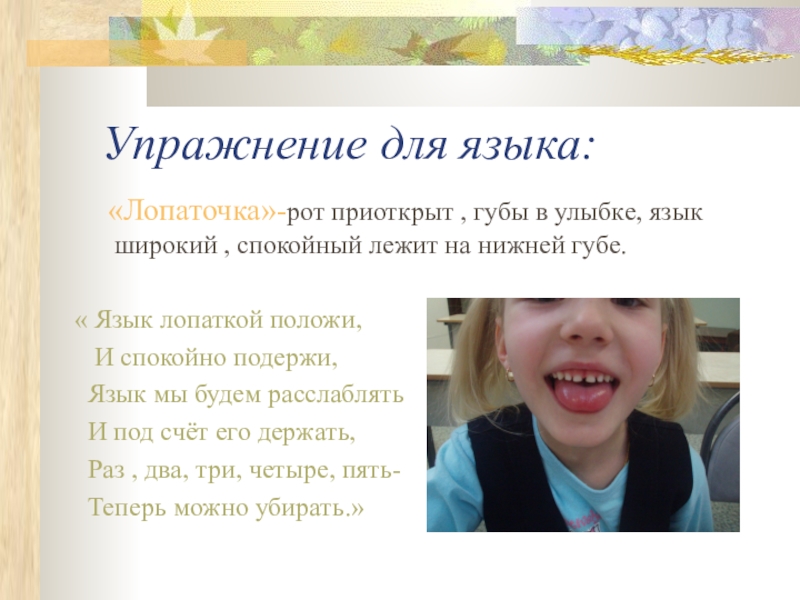 Упражнение для языка:   «Лопаточка»-рот приоткрыт , губы в улыбке, язык широкий , спокойный лежит на