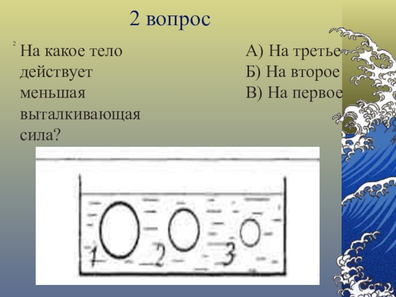 На какое из показанных на рисунке тел действует наибольшая выталкивающая сила