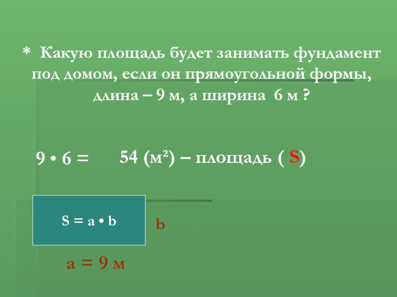S = a • b* Какую площадь будет занимать фундамент под домом, если он прямоугольной формы, длина