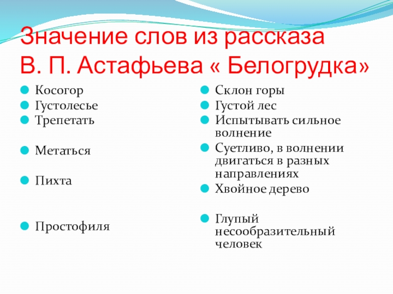 Значение слов из рассказа В. П. Астафьева « Белогрудка»КосогорГустолесьеТрепетатьМетатьсяПихтаПростофиляСклон горыГустой лесИспытывать сильное волнениеСуетливо, в волнении двигаться