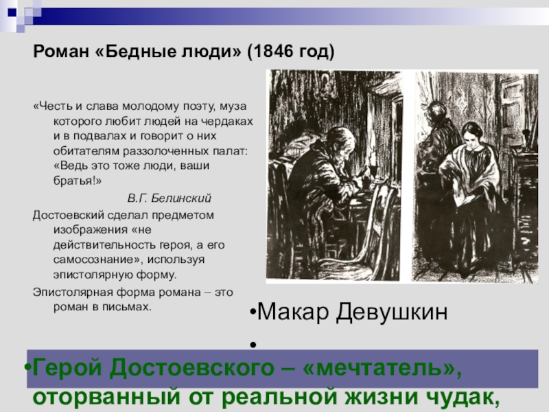 Бедные люди 1846. Белинский о романе бедные люди. Литературная гостиная по творчеству Достоевского. Условия жизни героев романа бедные люди.