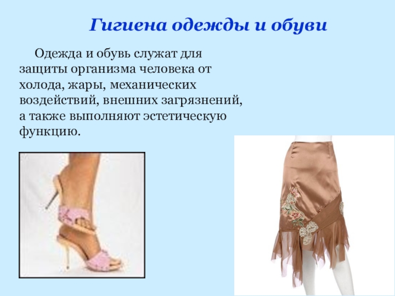 Одежда и обувь служат для защиты организма человека от холода, жары, механических воздействий, внешних загрязнений, а также