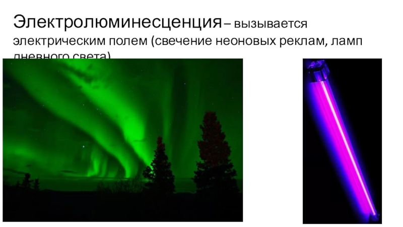 Электролюминесценция – вызывается электрическим полем (свечение неоновых реклам, ламп дневного света)