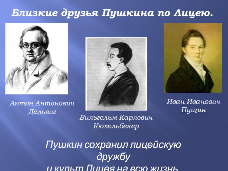 Антон АнтоновичДельвигИван ИвановичПущинБлизкие друзья Пушкина по Лицею.Пушкин сохранил лицейскую дружбу и культ Лицея на всю жизнь.Вильгельм КарловичКюхельбекер