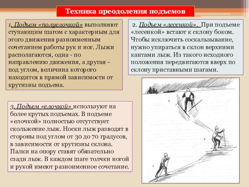 Преодоление перевод. Способы передвижения на лыжах. Техника преодоления подъемов. Техника подъема на лыжах. Лыжные ходы спуски и подъемы.