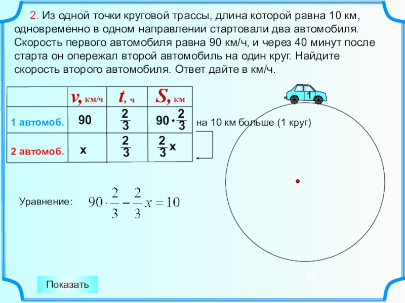 2. Из одной точки круговой трассы, длина которой равна 10 км, одновременно в одном