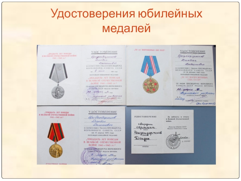 Удостоверения юбилейных медалей
